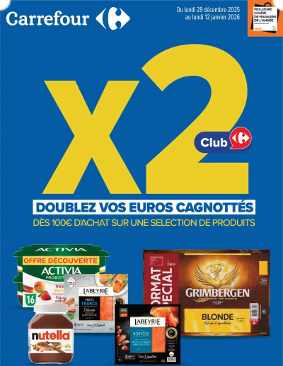 Nos promos et doublez vos euros cagnottés de la boutique Carrefour valable du 29/12/2025 des dernières annonces