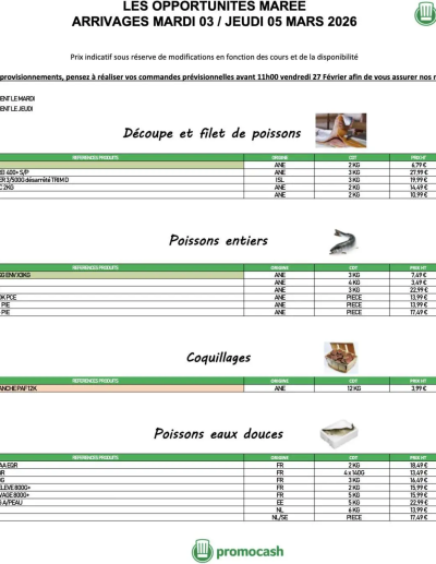  Catalogue Promocash Opportunités Marée de la boutique Promocash valable du 03/03/2026 des dernières annonces