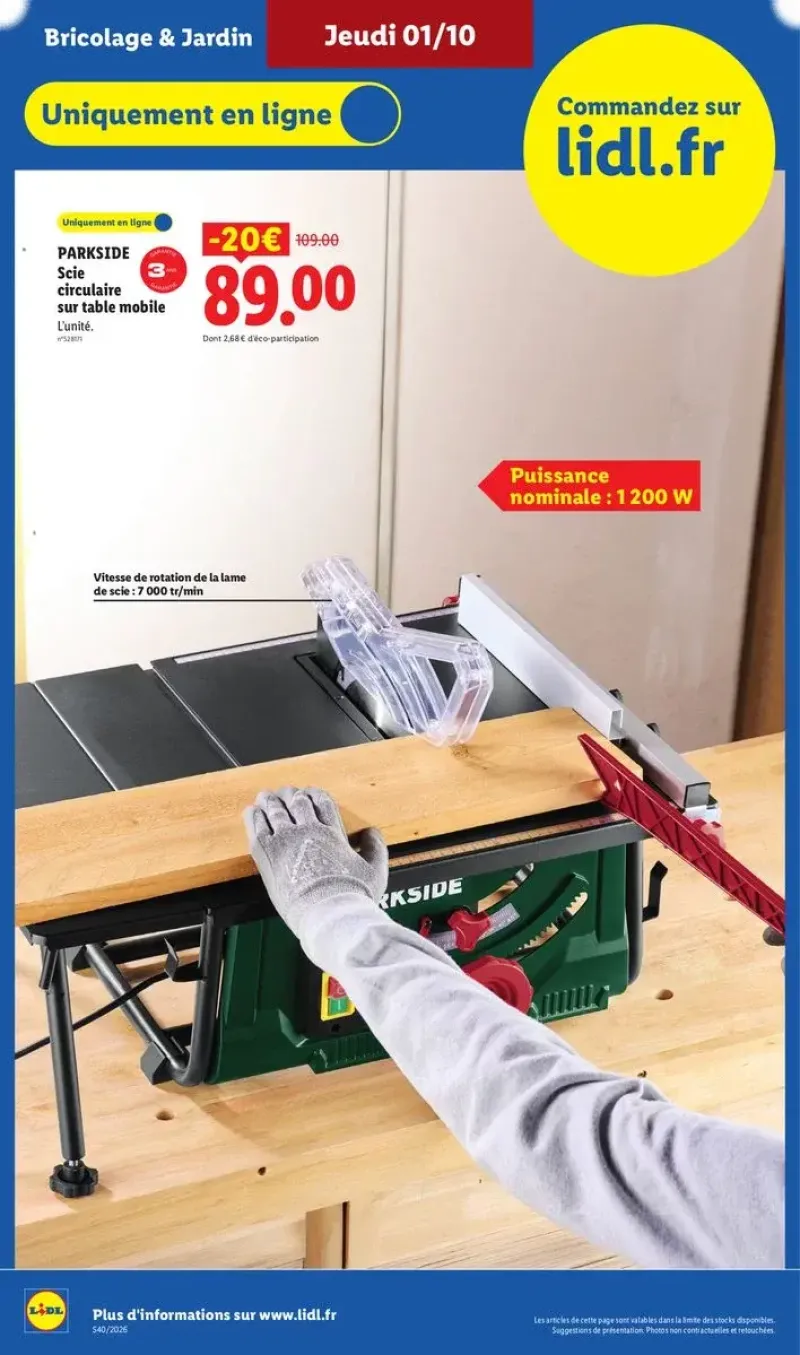 Scie circulaire sur table mobile Parkside disponible uniquement en ligne avec une réduction de 20€.