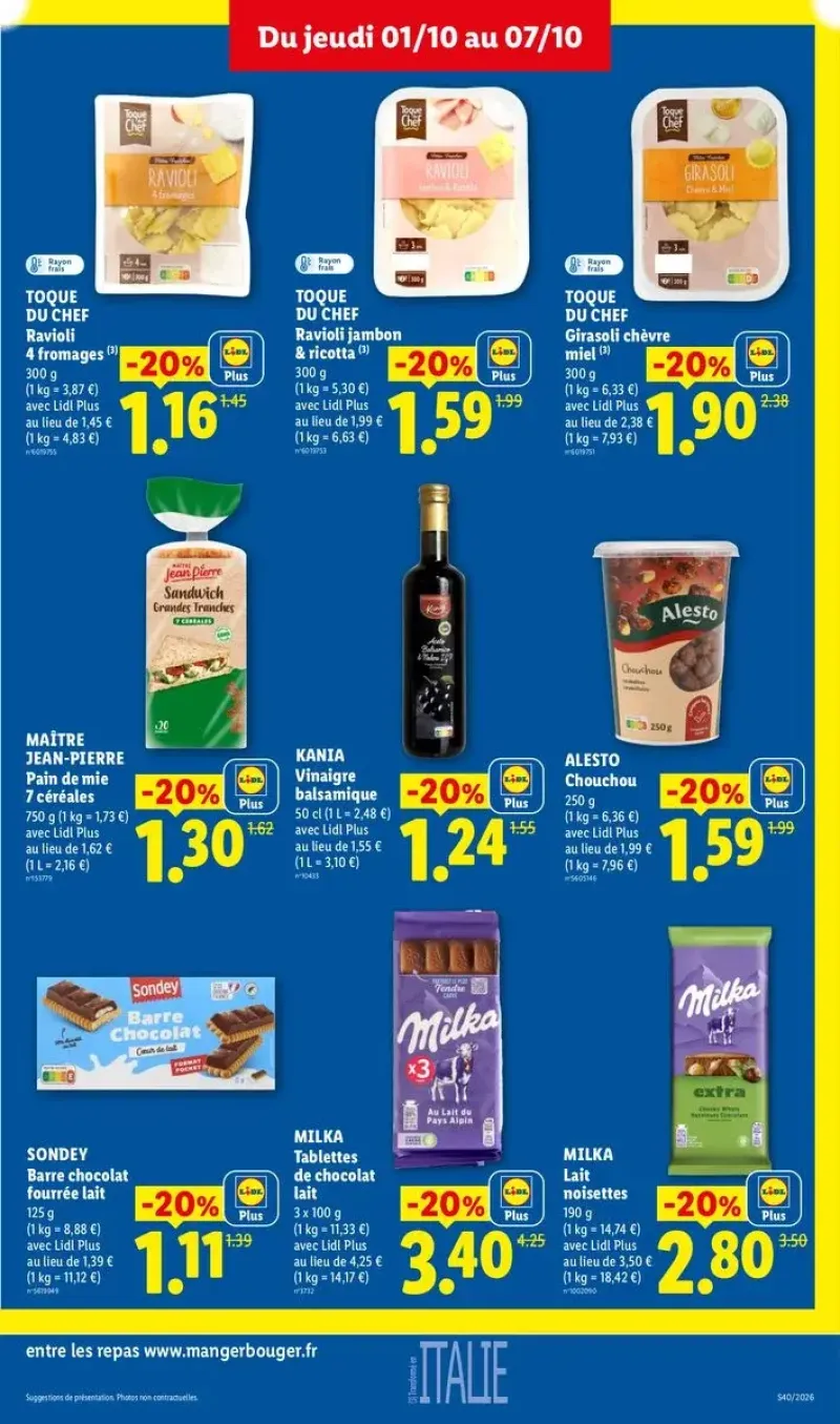 Sélection de produits d'épicerie et frais en promotion, incluant des raviolis, du vinaigre balsamique, des barres chocolatées et des tablettes Milka.