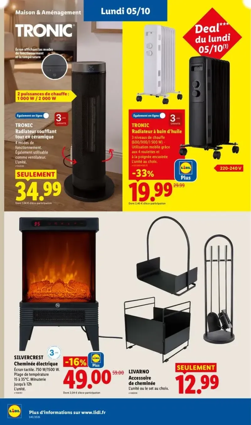 Équipements de chauffage pour l'hiver, incluant un radiateur bain d'huile Tronic et une cheminée électrique Silvercrest.