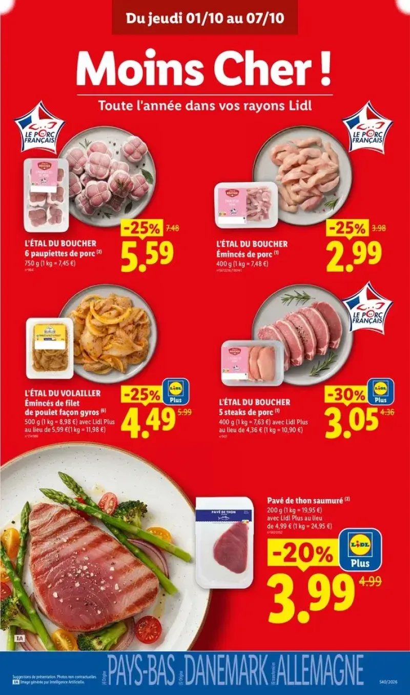 Offres sur les viandes et poissons, avec des steaks de porc, des émincés de poulet et du pavé de thon saumuré.