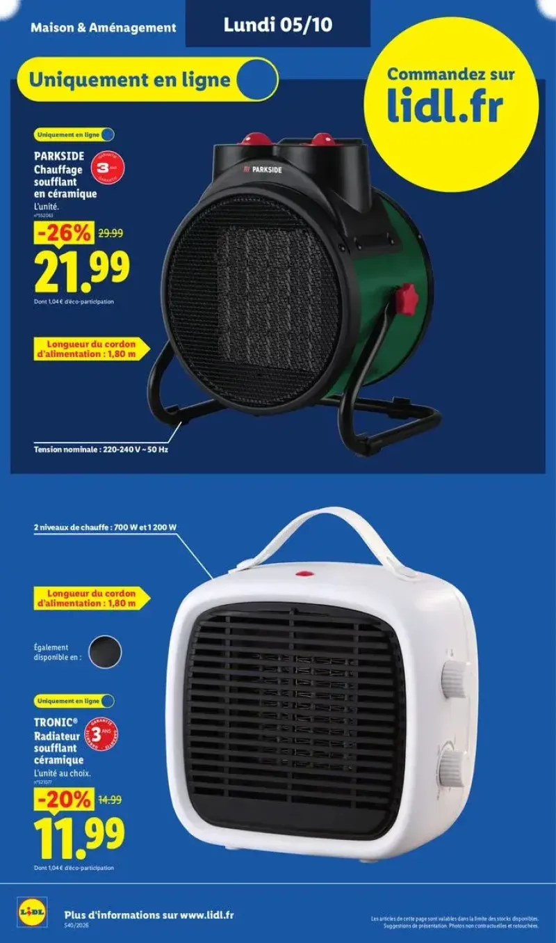 Appareils de chauffage d'appoint Parkside et Tronic disponibles uniquement en ligne, comprenant un chauffage soufflant céramique et un radiateur.
