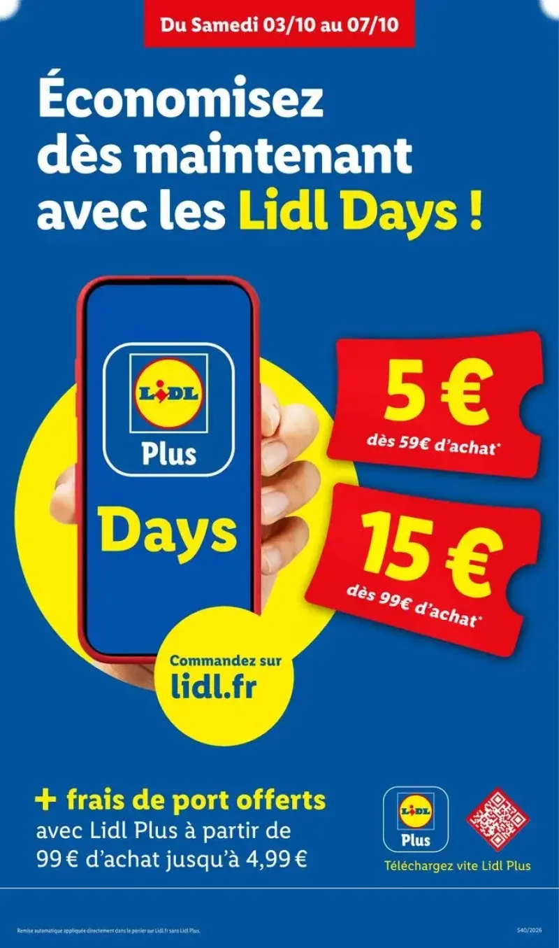 Offre promotionnelle "Lidl Days" avec frais de port offerts dès un certain montant d'achat en ligne.