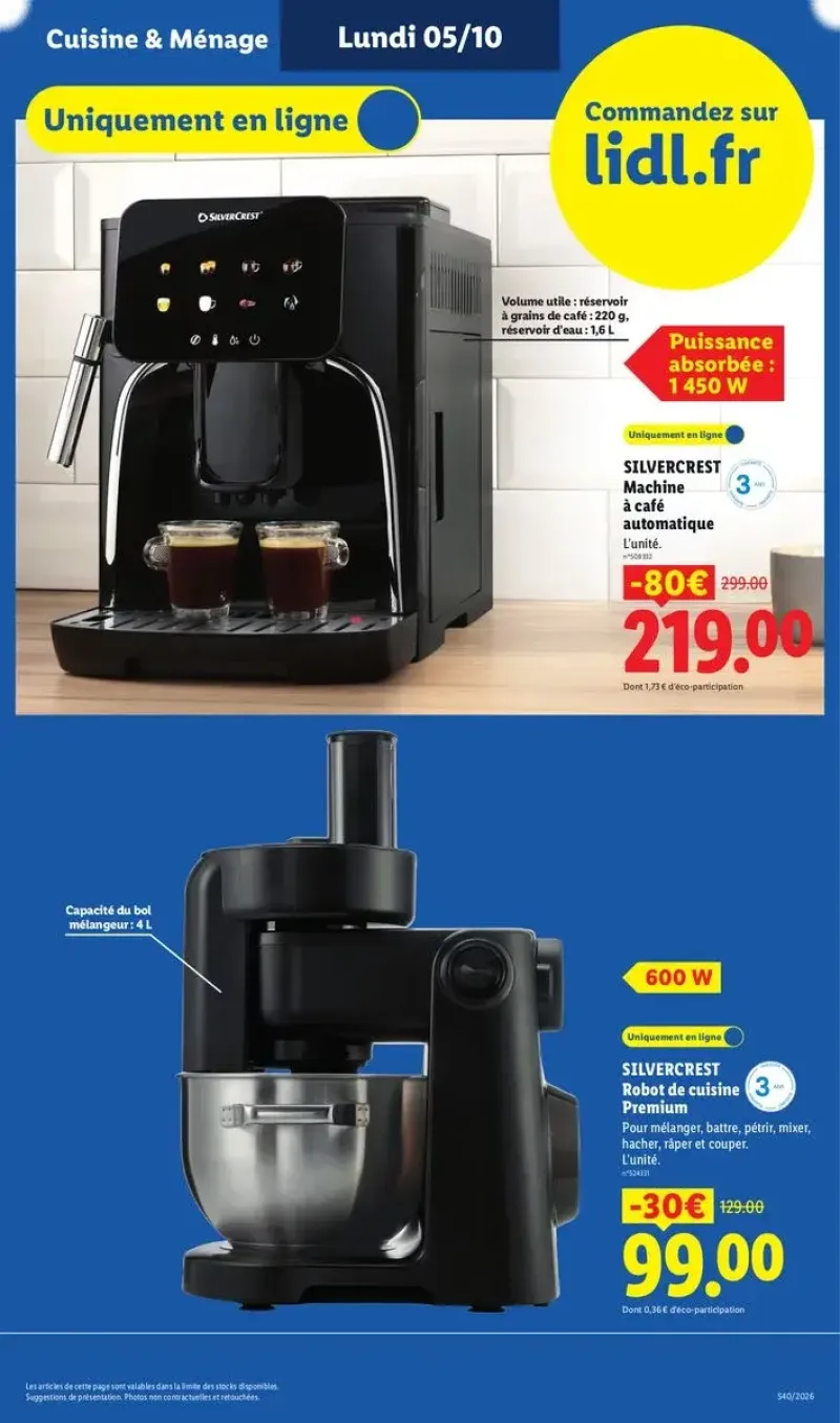 Équipements de cuisine Silvercrest disponibles en ligne, incluant une machine à café automatique et un robot de cuisine premium.