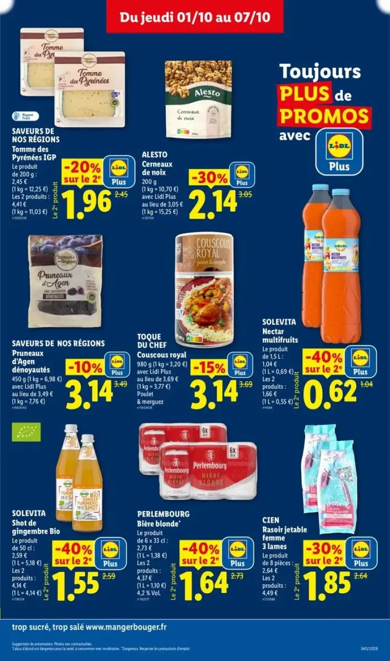 Offres promotionnelles sur des boissons, du couscous royal, des pruneaux d'Agen, du fromage de brebis et des rasoirs jetables pour femme.