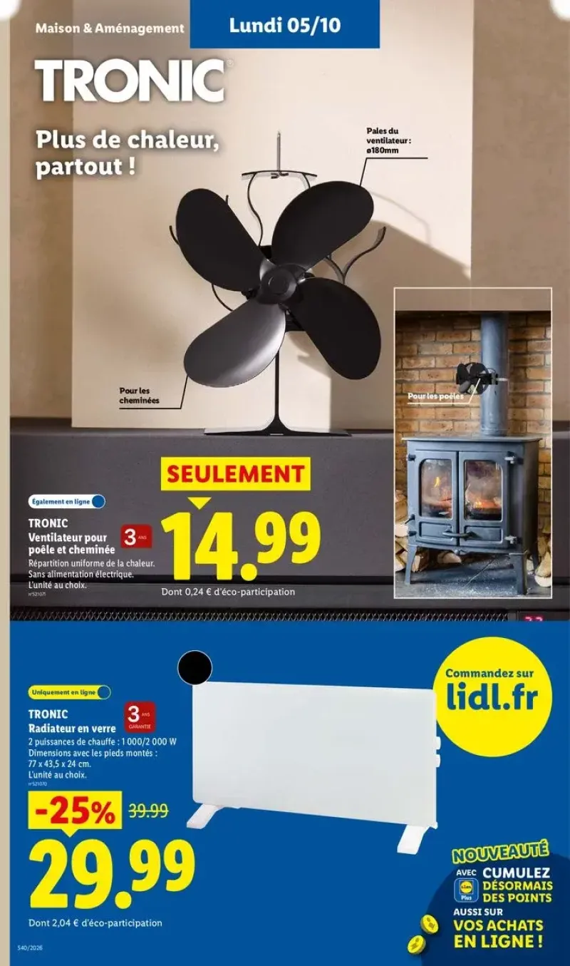 Ventilateur de poêle Tronic et radiateur en verre pour une répartition uniforme de la chaleur dans la maison.
