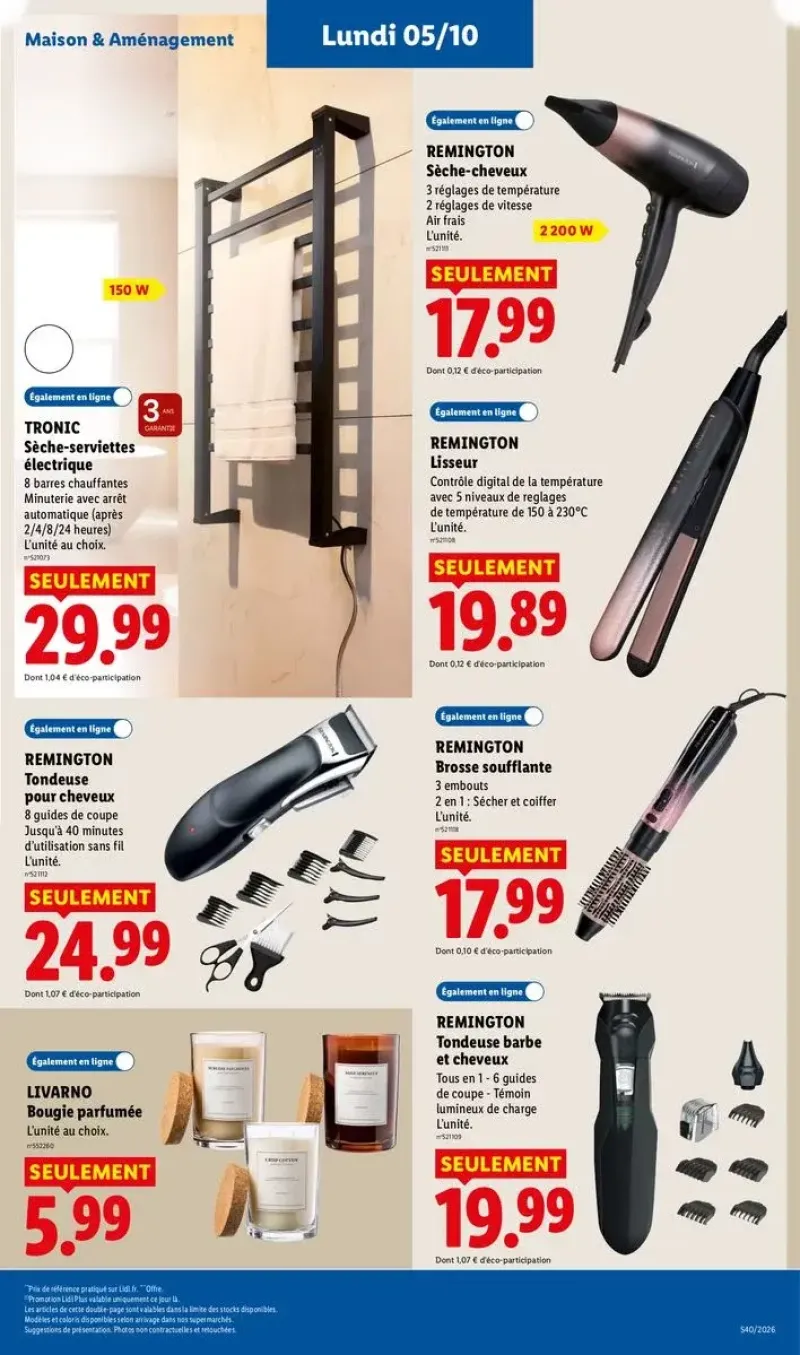 Appareils de coiffure Remington et sèche-serviettes électrique Tronic pour le soin personnel et le confort de la salle de bains.