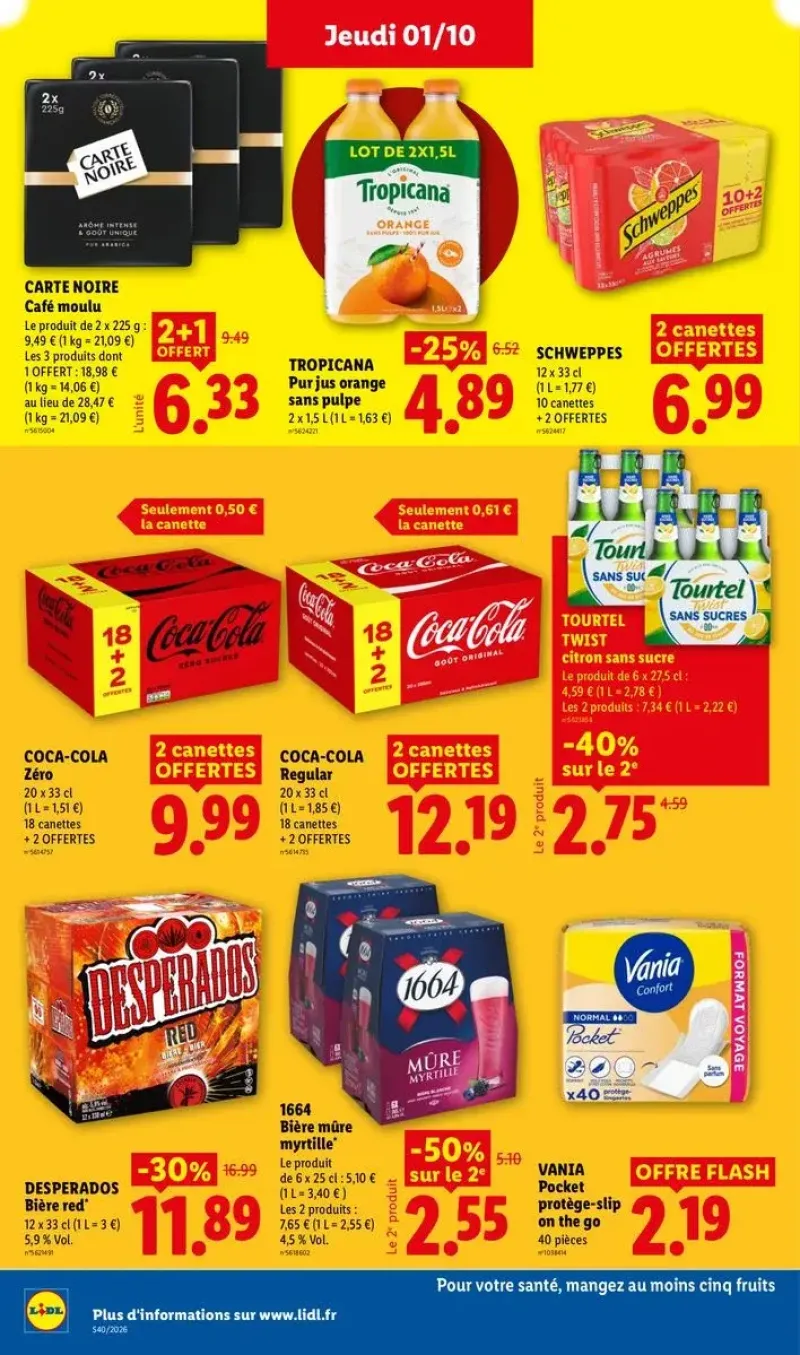 Promotions sur le café moulu Carte Noire, la bière Desperados, le Coca-Cola Zéro et des jus de fruits Tropicana.