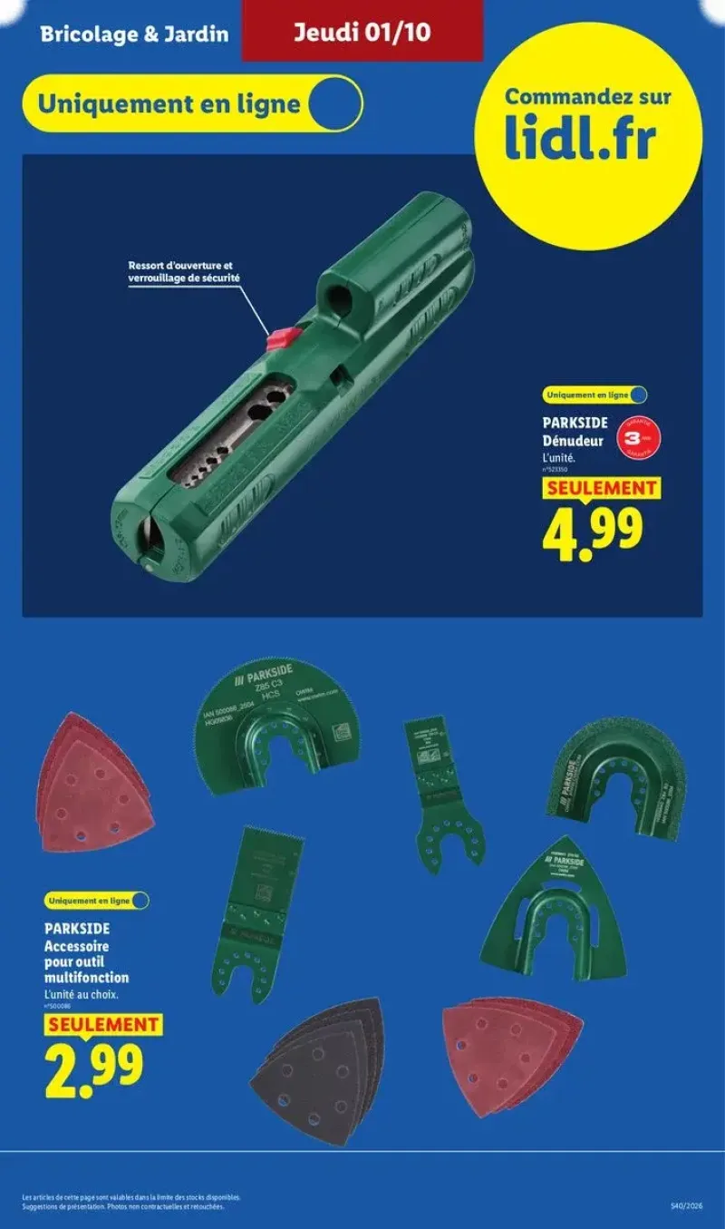 Outils de bricolage Parkside disponibles uniquement en ligne, incluant un dénudeur et un accessoire pour outil multifonction.