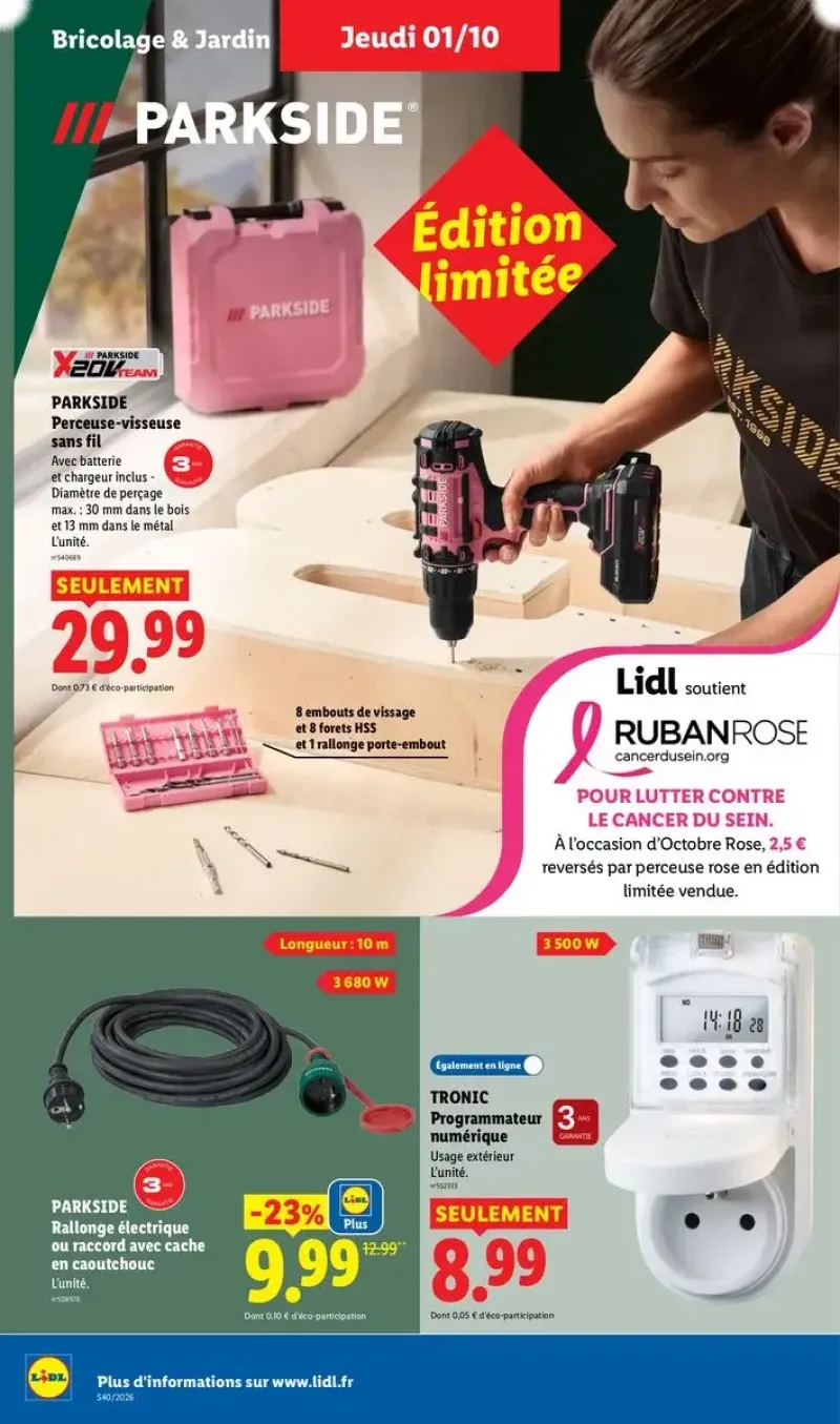 Outils et accessoires de bricolage Parkside, comprenant une rallonge électrique, un programmateur et une perceuse-visseuse en édition limitée Octobre Rose.