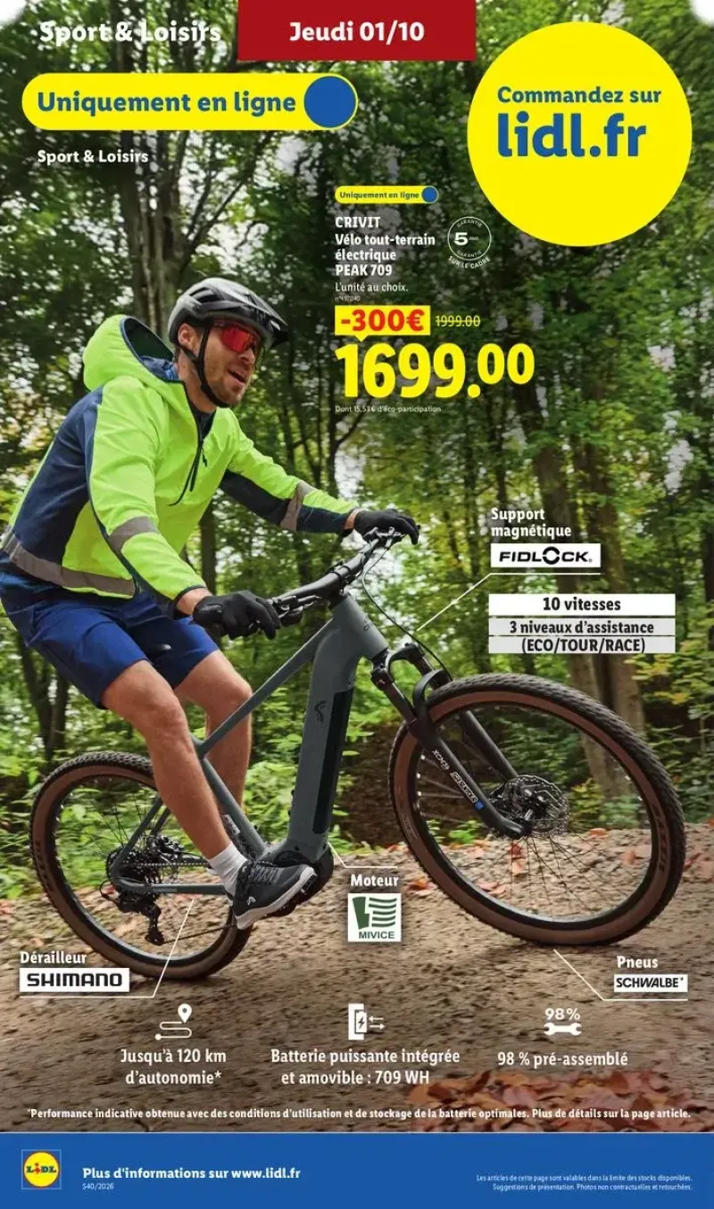 Vélo tout-terrain électrique Crivit disponible uniquement en ligne avec une réduction de 300€.