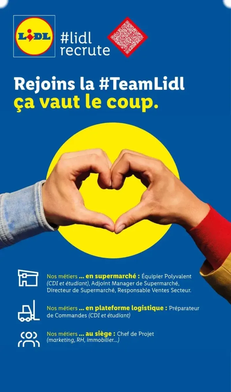 Campagne de recrutement de Lidl pour divers métiers en supermarché et en plateforme logistique.