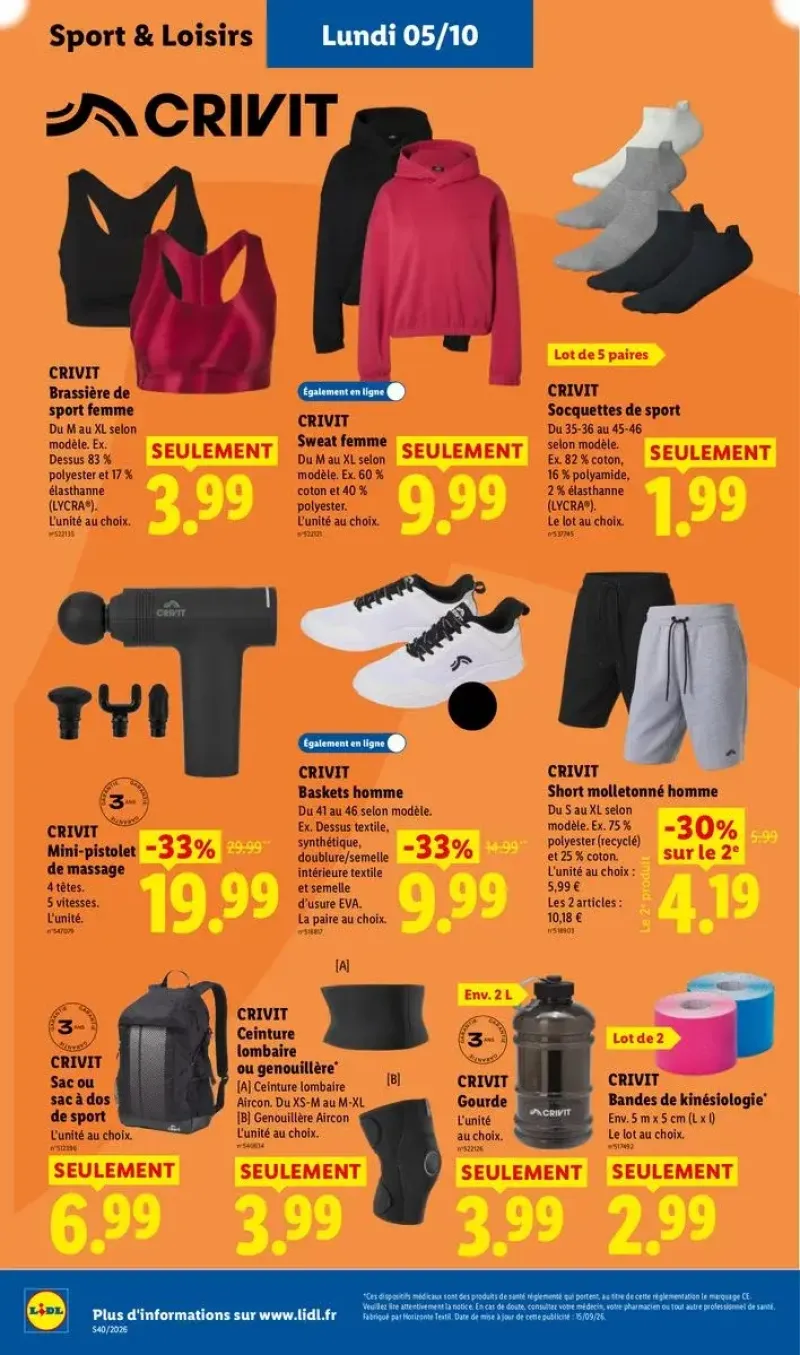 Vêtements de sport et accessoires de bien-être Crivit, incluant des baskets, des brassières de sport et des bandes de kinésiologie.