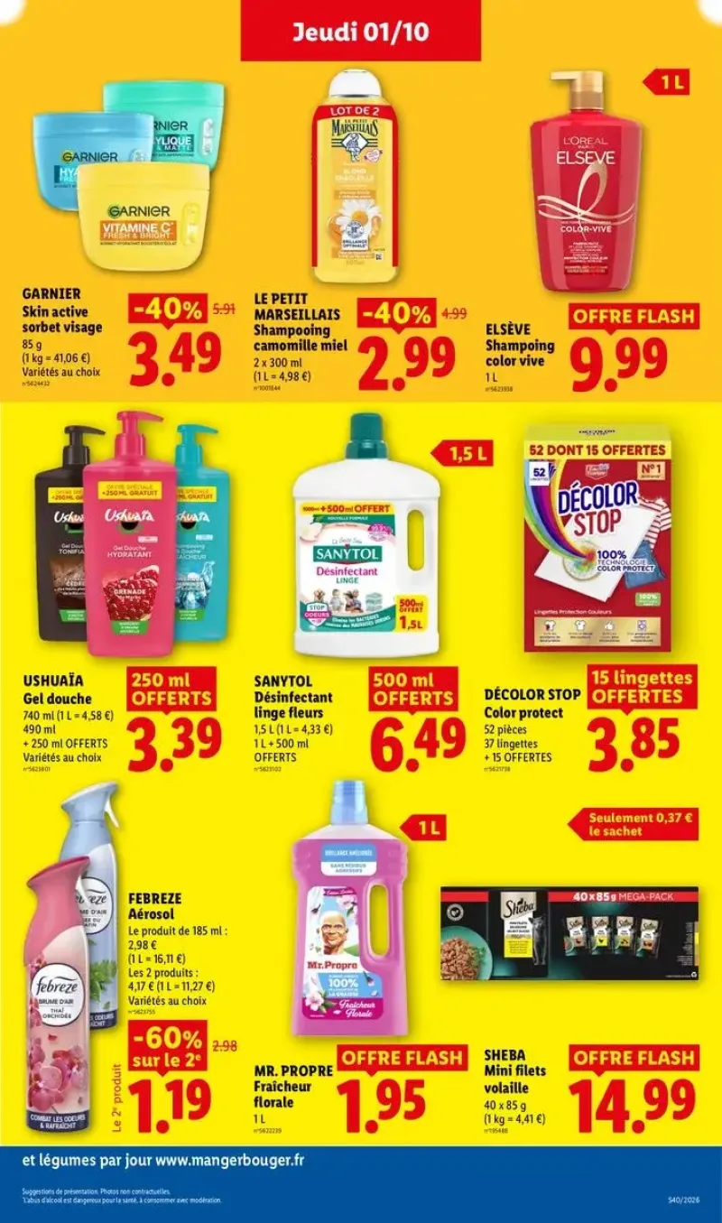 Produits d'hygiène et d'entretien en promotion, incluant du shampoing Elsève, du gel douche Ushuaïa, du désinfectant Sanytol et de l'assouplissant Febreze.