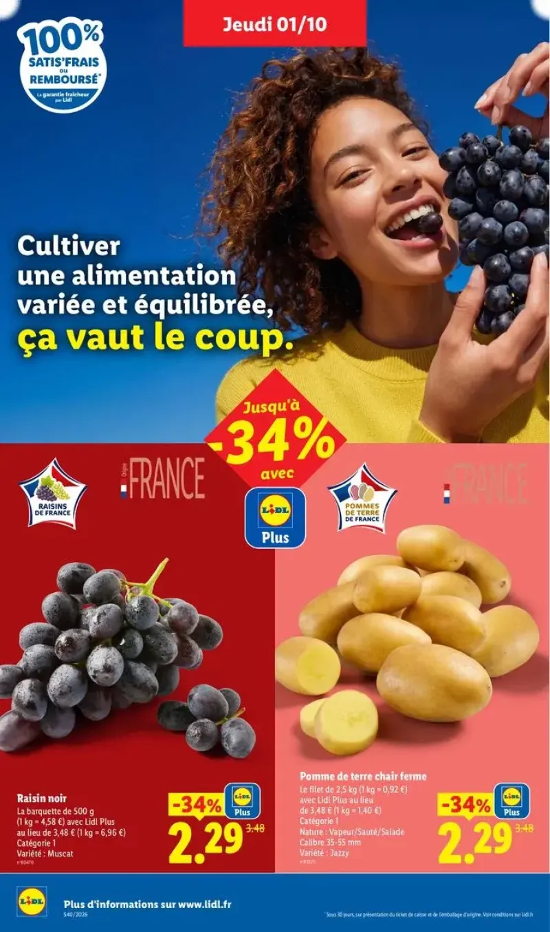 Promotion sur la barquette de raisin noir et le filet de pommes de terre de variété Jazzy.
