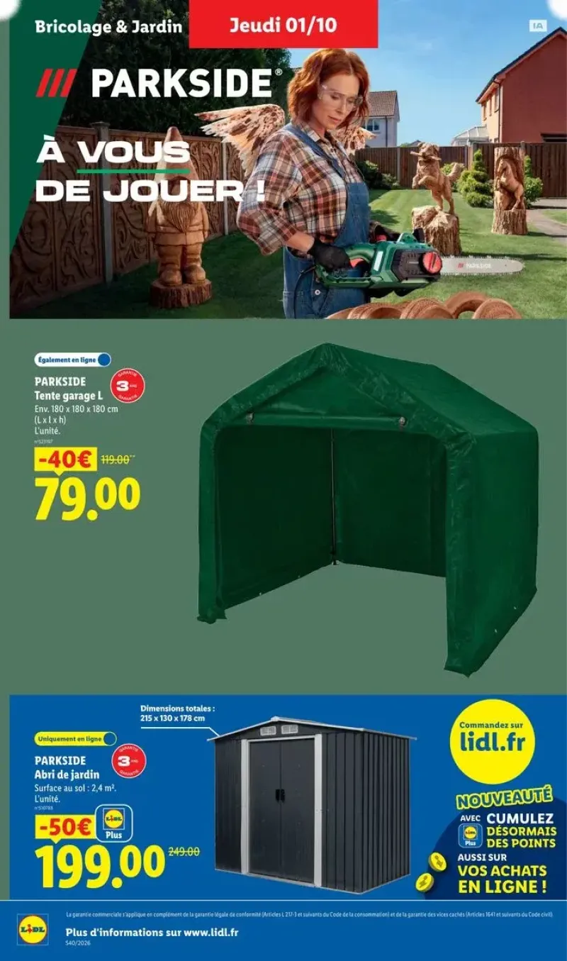 Équipements de jardinage Parkside en ligne, comprenant un abri de jardin et une tente garage avec des réductions.