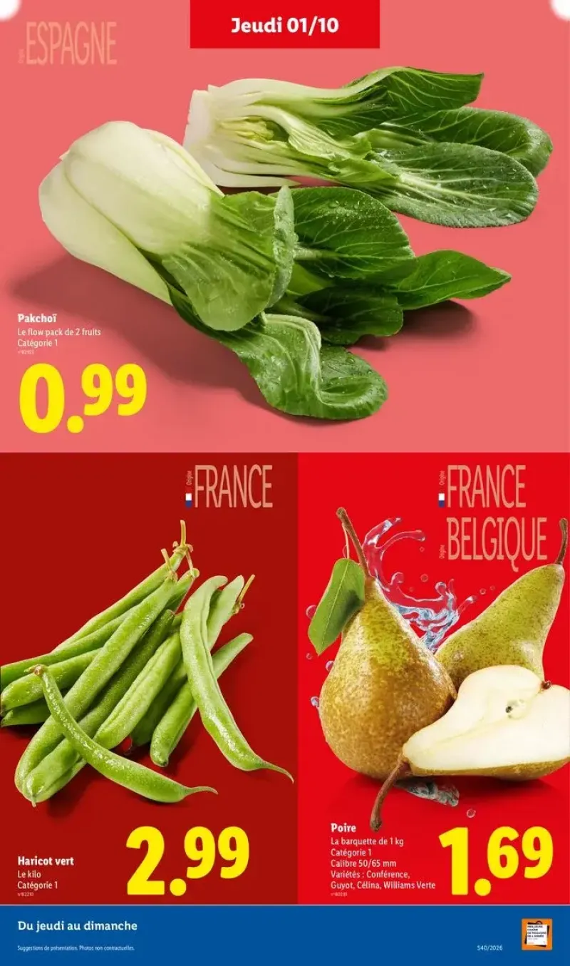 Choix de fruits et légumes frais en promotion, dont des poires Conférence, des haricots verts et du pakchoï.