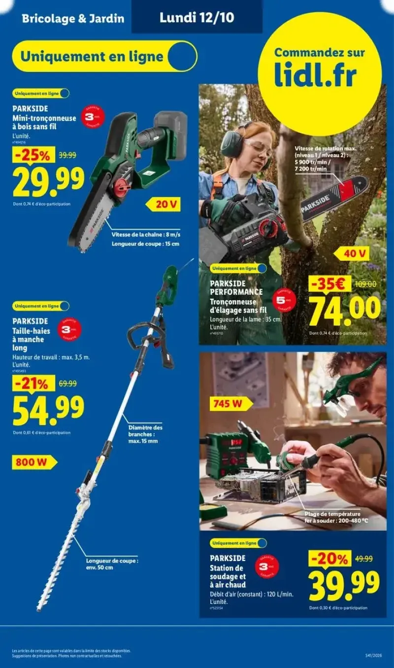 Outils de jardinage Parkside en ligne, incluant une mini-tronçonneuse, un taille-haies et une station de soudage.