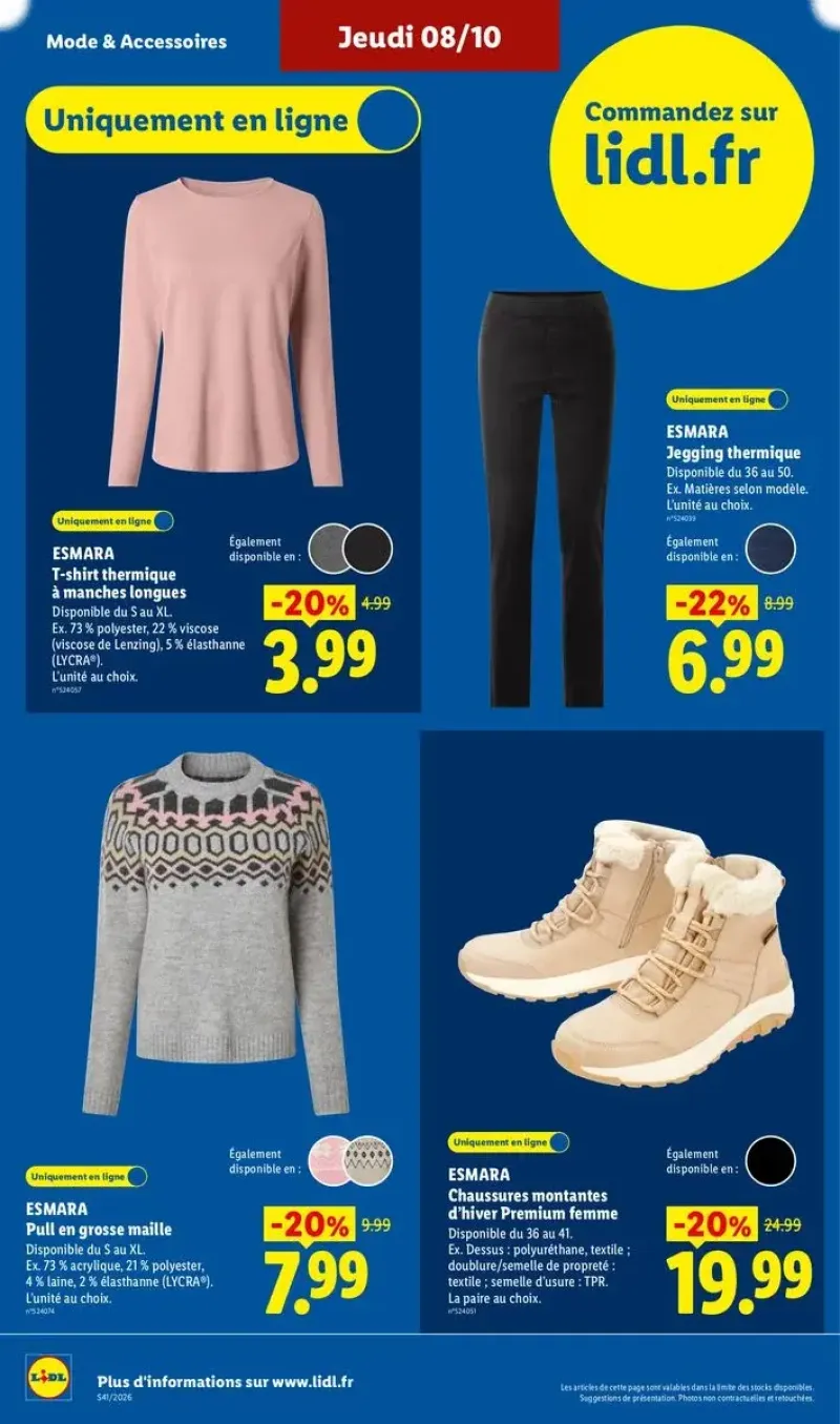 Vêtements thermiques Esmara pour femme, incluant t-shirt, jegging, pull et chaussures montantes d'hiver.