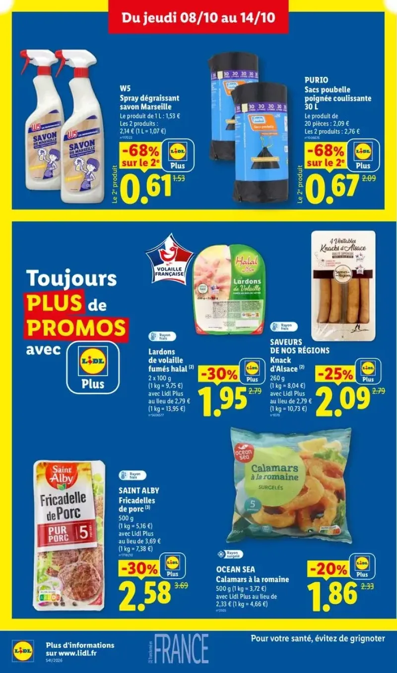 Promotions sur les produits surgelés et frais, incluant des calamars à la romaine et des lardons de volaille.