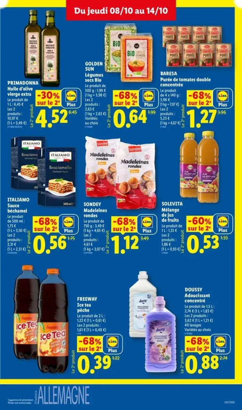 Offres sur des produits d'épicerie et du quotidien, incluant de la purée de tomates, de l'huile d'olive et de l'adoucissant.
