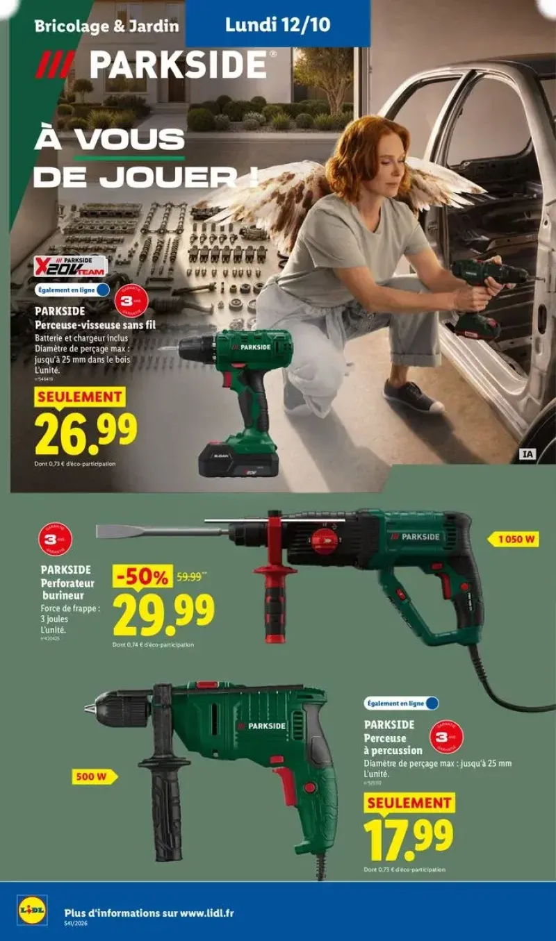Outils de bricolage Parkside, incluant une perceuse-visseuse sans fil, une perceuse à percussion et un perforateur burineur.