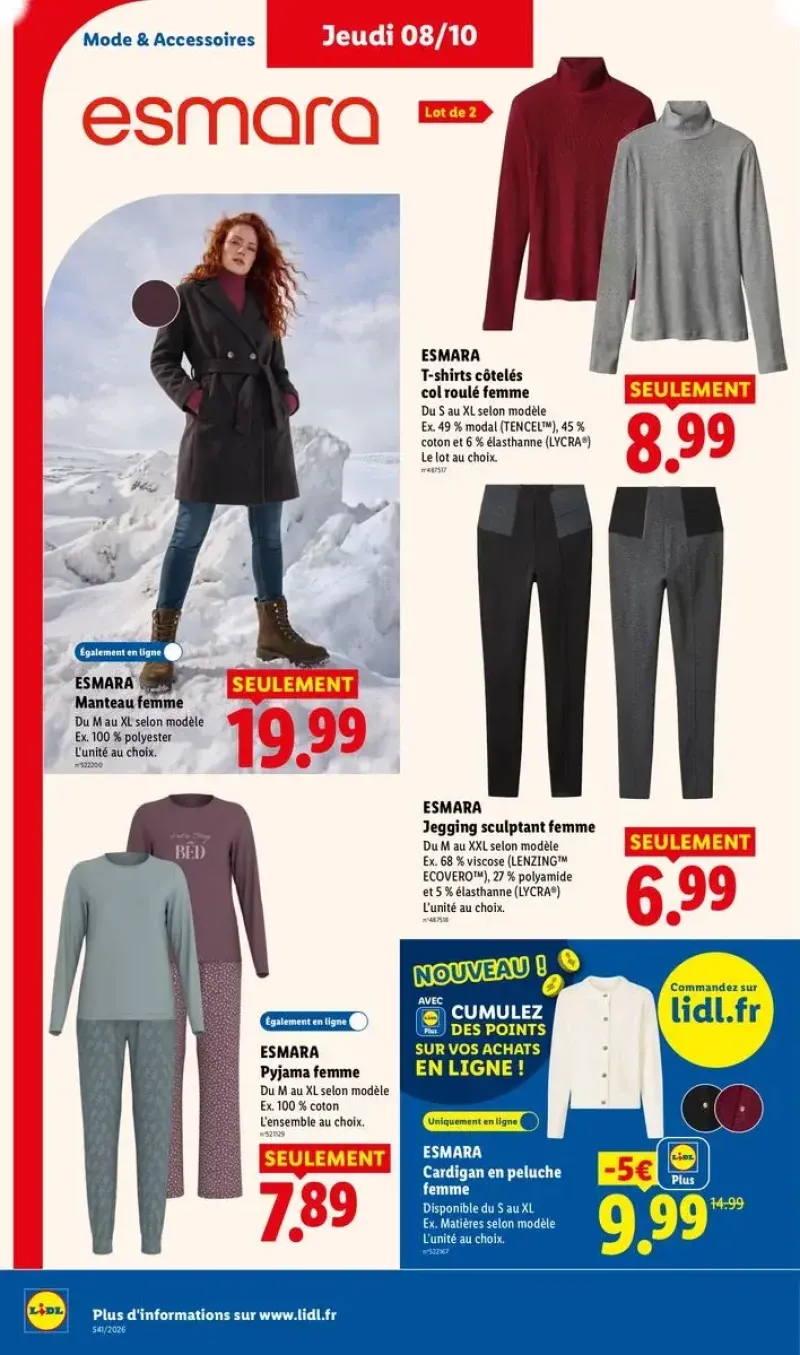 Vêtements de nuit et de détente Esmara pour femme, incluant des pyjamas en coton, des t-shirts côtelés et des jeggings.