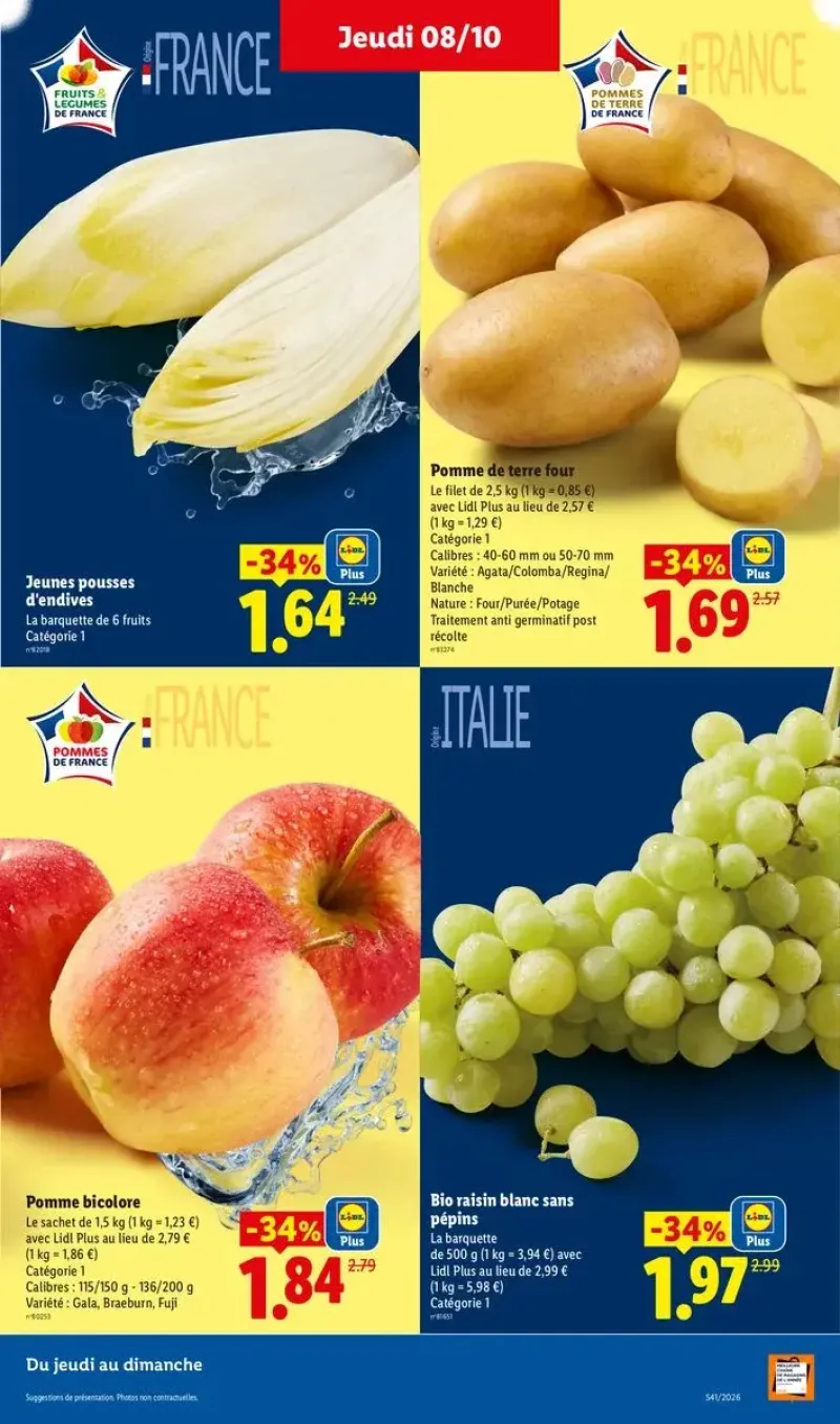 Promotions sur les pommes de terre, le raisin blanc bio et les pommes Gala ou Fuji.