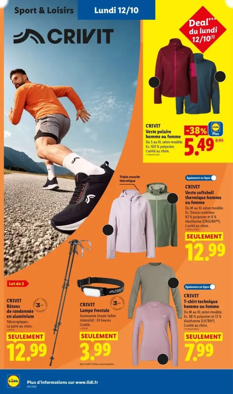 Vêtements de sport et de randonnée Crivit, incluant des t-shirts techniques, des vestes softshell et des bâtons de randonnée.