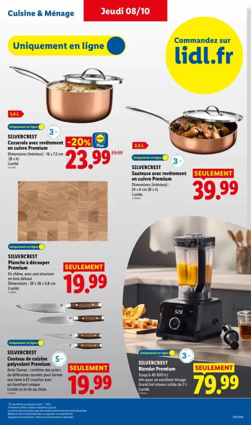 Casserole et sauteuse en cuivre premium Silvercrest, couteau de cuisine en acier Damas et planche à découper en chêne.