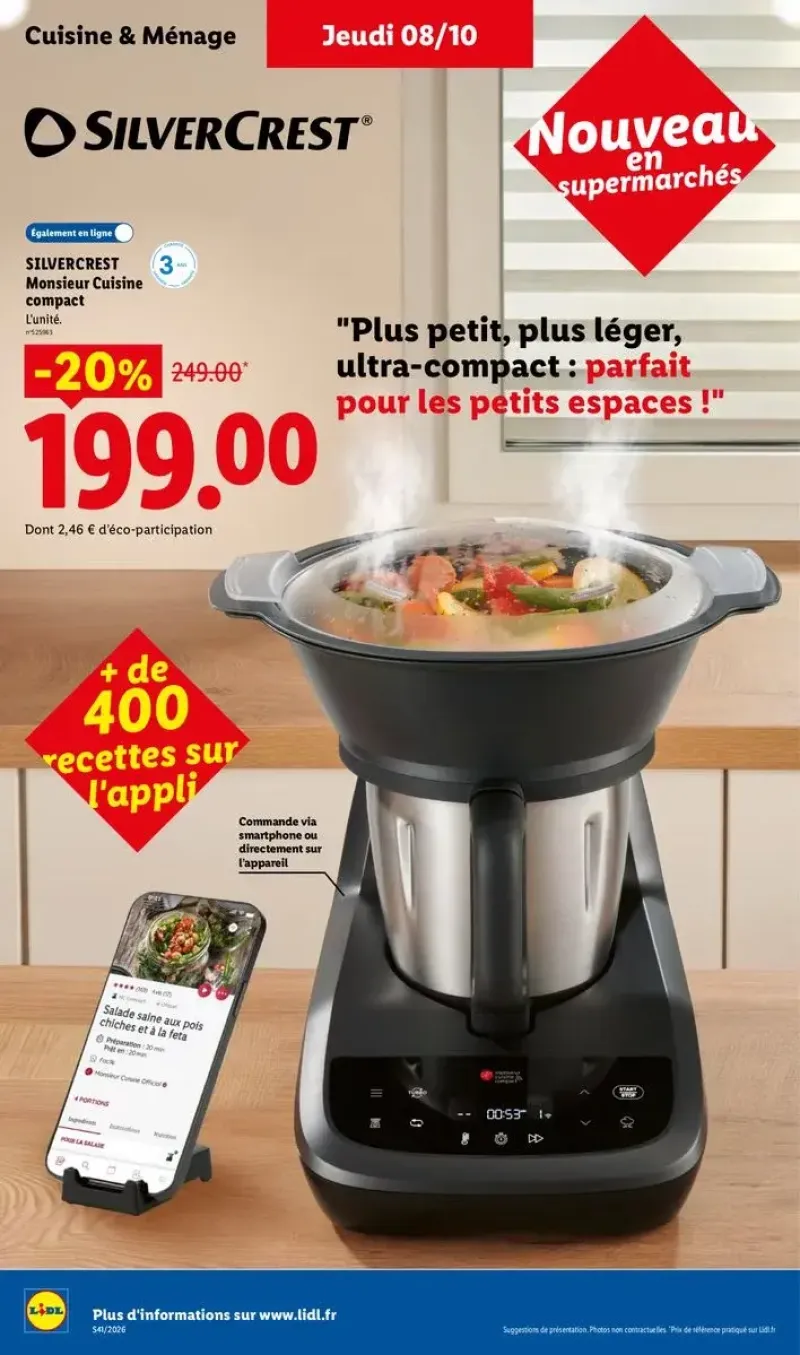 Présentation du robot de cuisine ultra-compact Monsieur Cuisine Compact de Silvercrest connecté à une application de recettes.