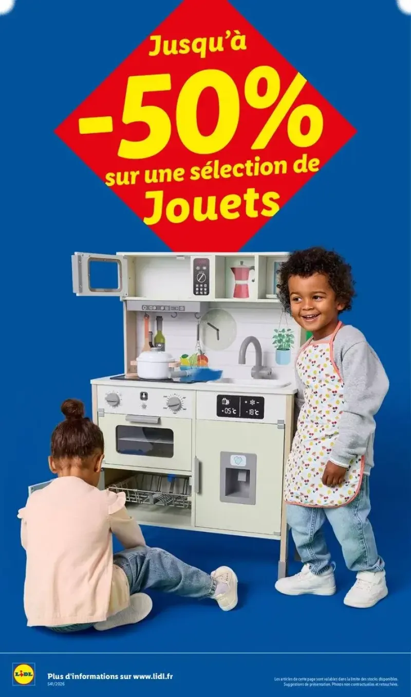 Annonce d'une sélection de jouets en bois avec des réductions allant jusqu'à -50%.