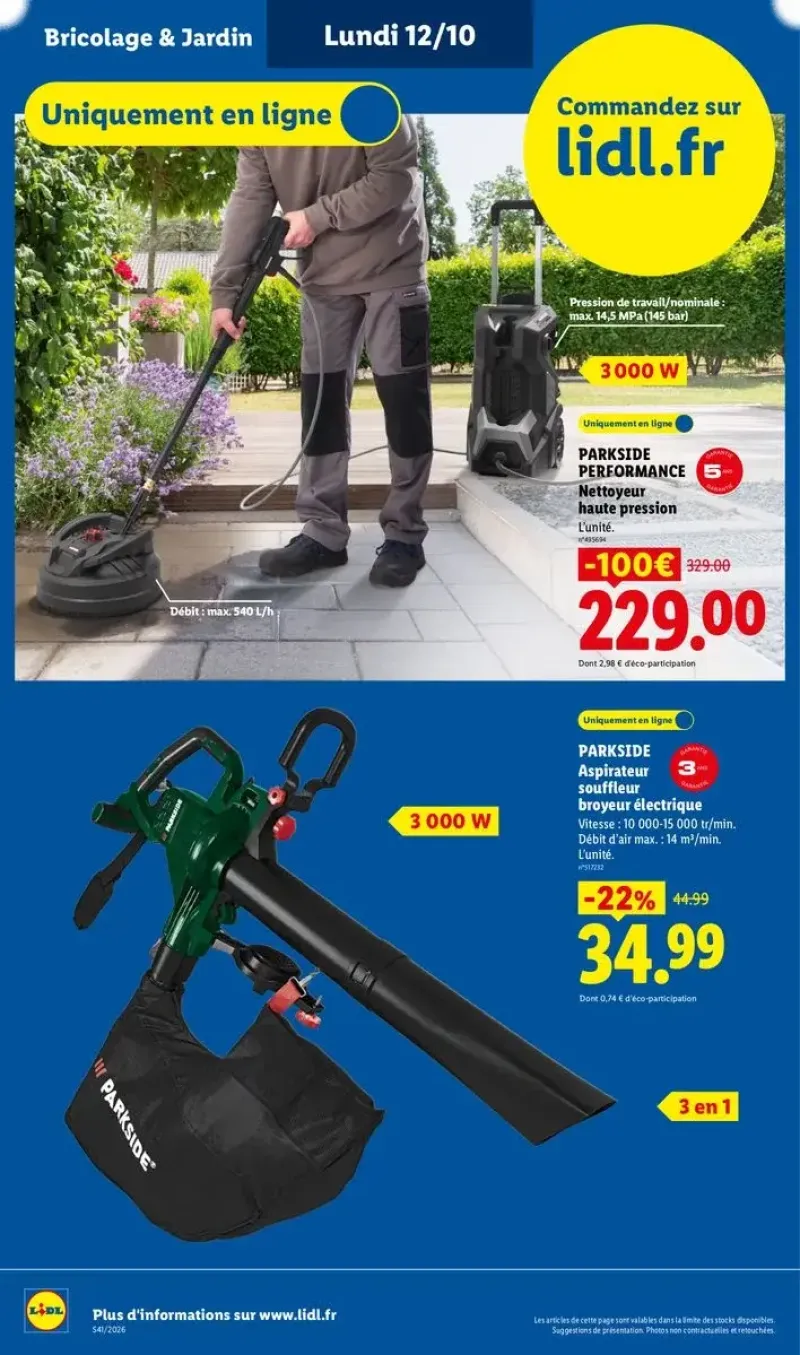 Nettoyeur haute pression Parkside Performance et aspirateur souffleur broyeur électrique en ligne.