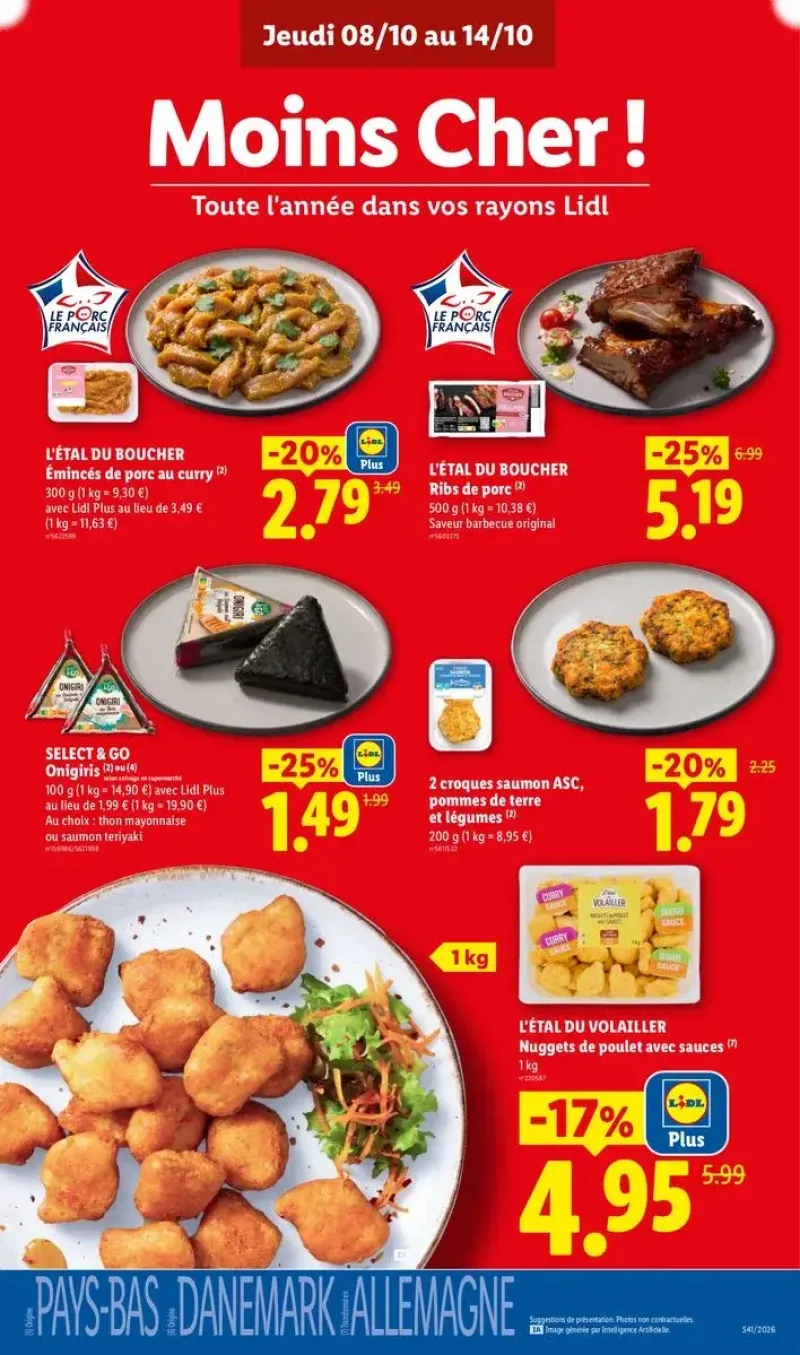 Assortiment de nuggets de poulet, émincés de porc et ribs de porc au rayon boucherie et volaille.
