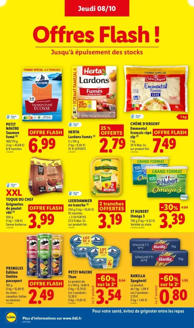 Offres flash sur le saumon fumé, les lardons Herta, les spaghettis Barilla et l'emmental râpé.