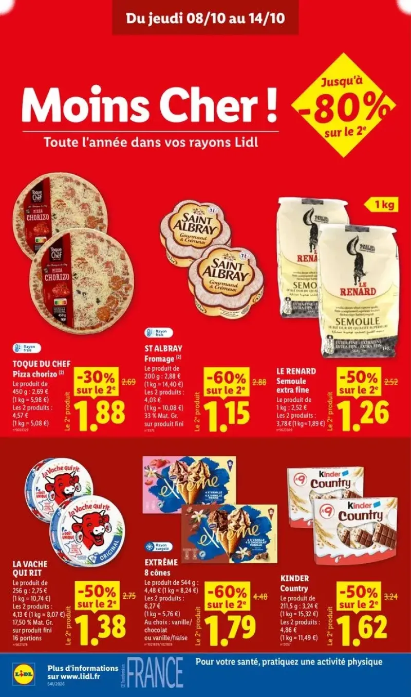Offres promotionnelles sur les pizzas fraîches, le fromage Albray, les cônes glacés Extrême et les portions de La Vache qui rit.