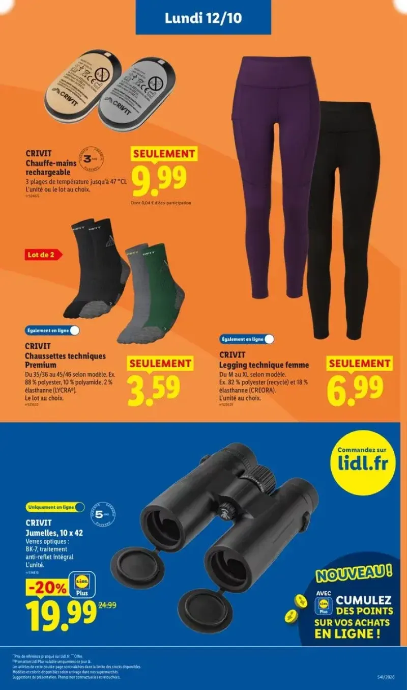 Équipements de plein air Crivit, incluant des leggings techniques, des chaussettes de randonnée, un chauffe-mains et des jumelles.