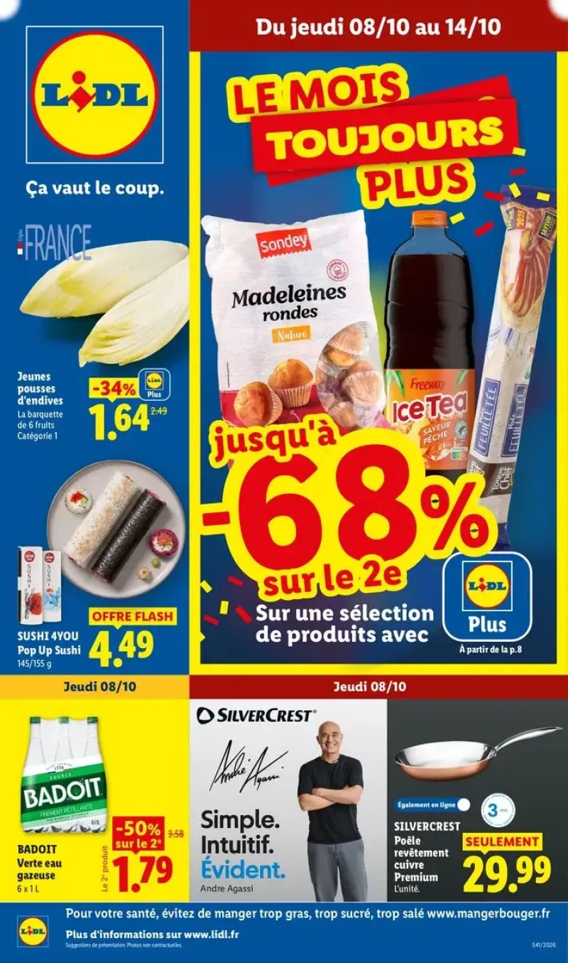 Publicité pour des produits alimentaires frais et des articles de cuisine Silvercrest chez Lidl.