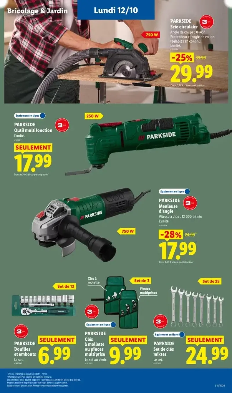 Assortiment d'outils Parkside, incluant des pinces multiprises, des clés mixtes, une scie circulaire et une meuleuse d'angle.