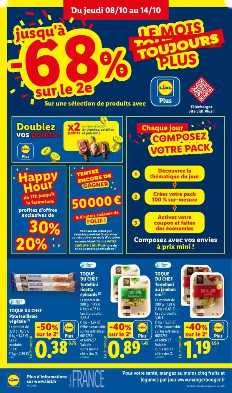 Promotions sur les pâtes fraîches Toque de Chef et présentation du programme de fidélité Lidl Plus.