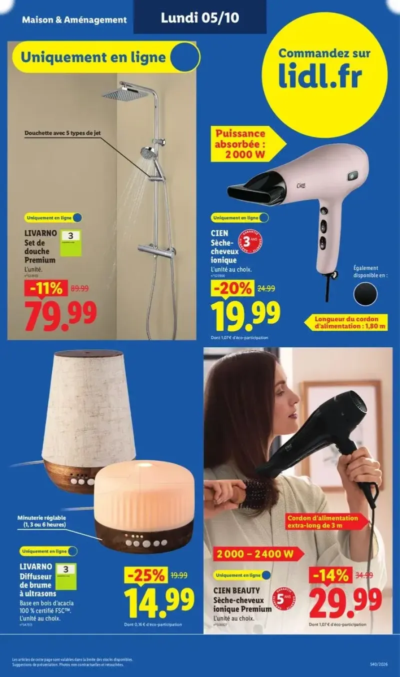 Sélection d'équipements pour la salle de bains et le bien-être, incluant des sèche-cheveux, un diffuseur de brume et un set de douche.