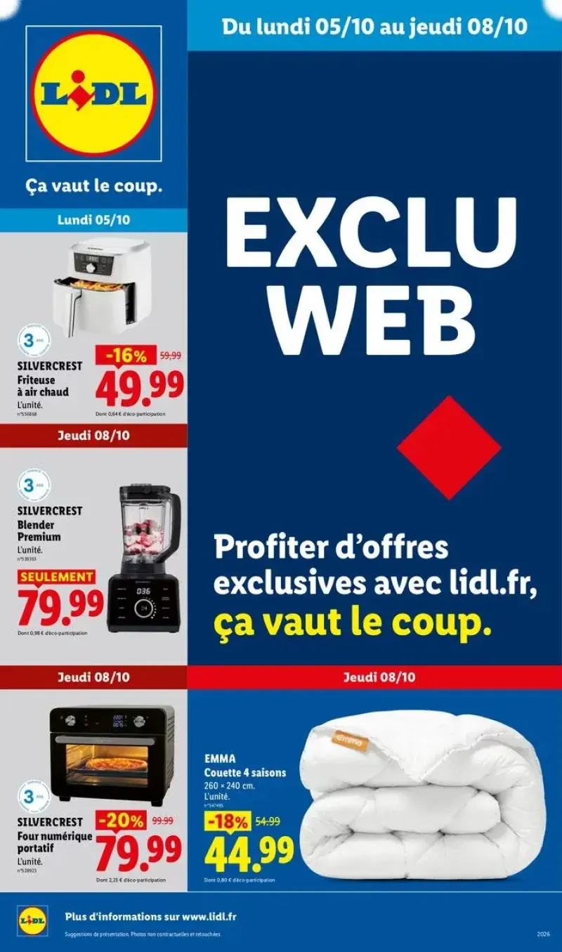 Sélection d'offres promotionnelles en ligne pour l'électroménager de cuisine Silvercrest et une couette Emma 4 saisons.