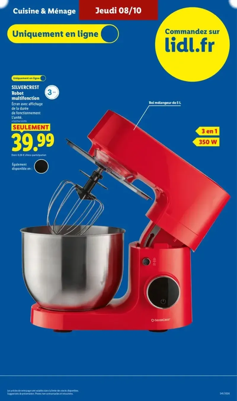 Offre promotionnelle pour un robot multifonction Silvercrest doté d'un écran d'affichage et d'un bol mélangeur de 5 litres.