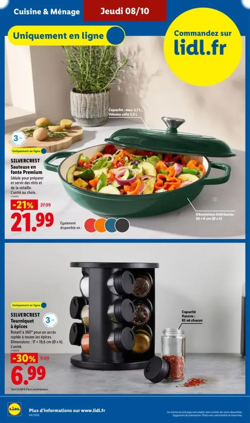 Ustensiles de cuisine comprenant une sauteuse en fonte premium Silvercrest et un tourniquet à épices rotatif à 360 degrés.