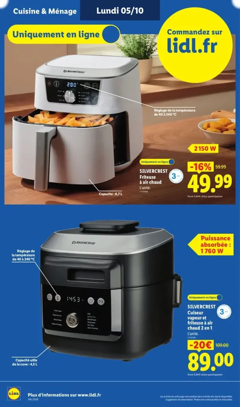 Fiche produit pour un cuiseur vapeur et une friteuse à air chaud Silvercrest de 2 150 W avec réglage de température.